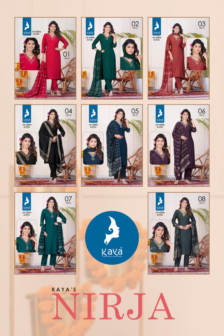 Nirja By Kaya Straight Cut V Neck Roman Silk Kurtis With Bottom Dupatta Wholesale Price In Surat 